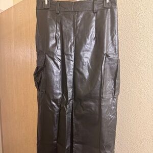Black Maxi Faux Leather Skirt, Middle Slit Long Skirt Medium Size